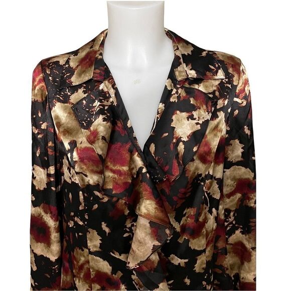 JONES NEW YORK STRETCH FLORAL RUFFLED LONGSLEEVE SATIN TOP W/ COLLAR‎ sz 10 - Picture 2 of 9